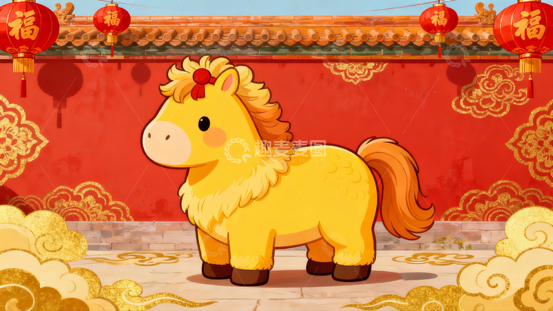 高清大图下载【趣麦麦图】卡通马迎新春红墙灯笼