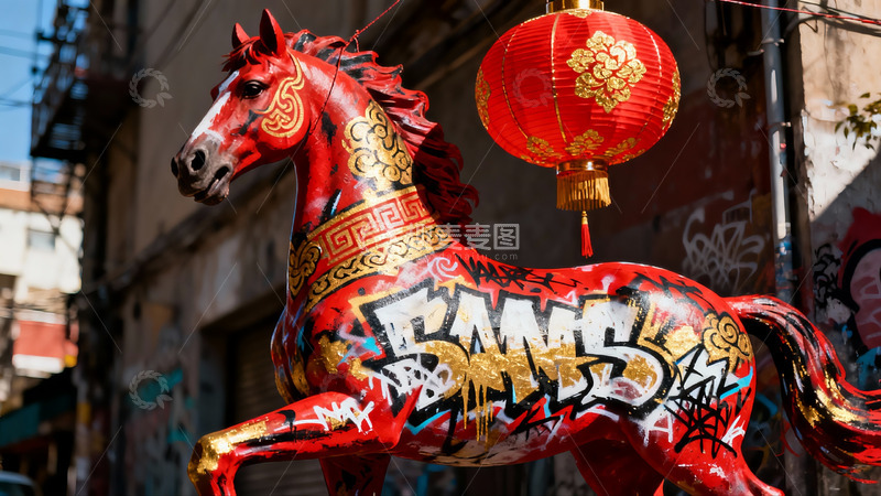 高清大图下载【趣麦麦图】街头红色骏马雕塑与红灯笼