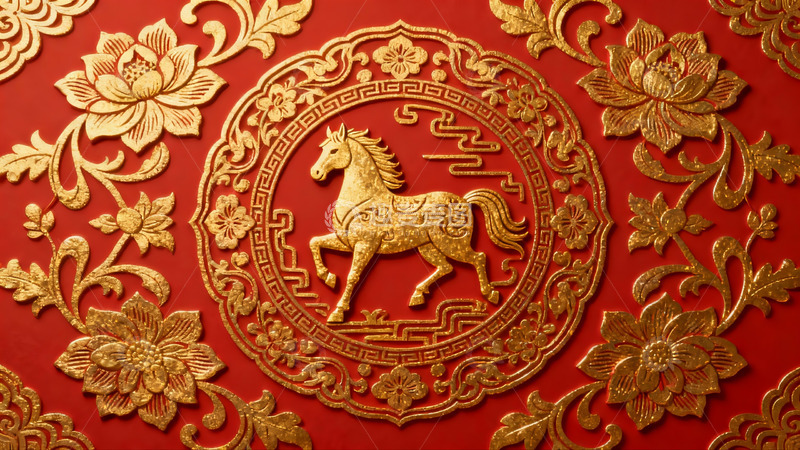 高清大图下载【趣麦麦图】红色背景金色马纹图案装饰画