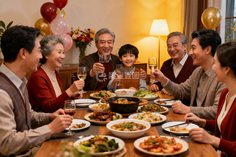 高清大图下载【趣麦麦图】三代同堂家庭聚餐温馨场景