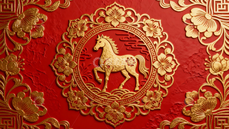 高清大图下载【趣麦麦图】红色背景金色马纹装饰图案