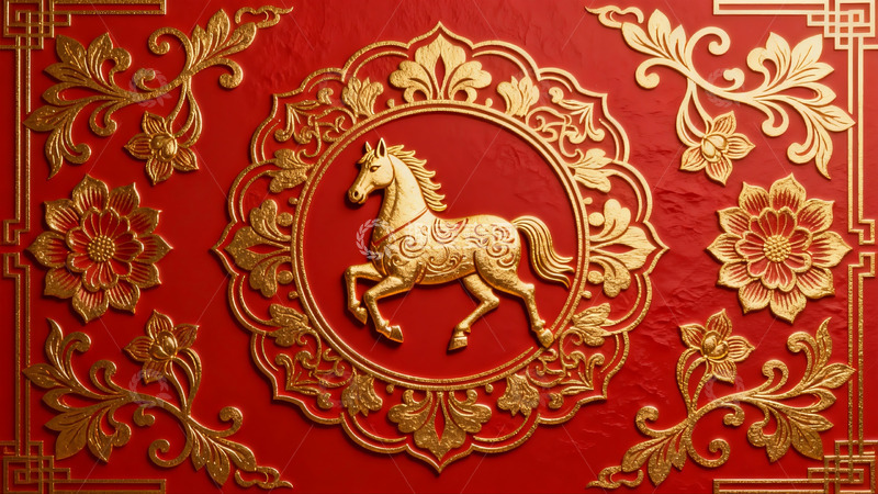 高清大图下载【趣麦麦图】红色背景金色马纹装饰图案