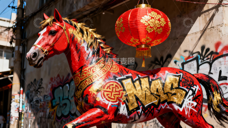 高清大图下载【趣麦麦图】街头红色骏马雕塑与红灯笼