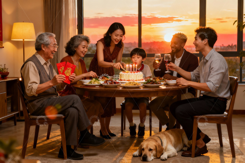 高清大图下载【趣麦麦图】三代同堂庆生晚餐其乐融融