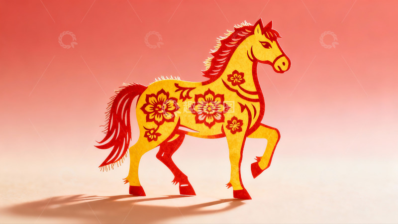 高清大图下载【趣麦麦图】红色背景上的剪纸马艺术作品