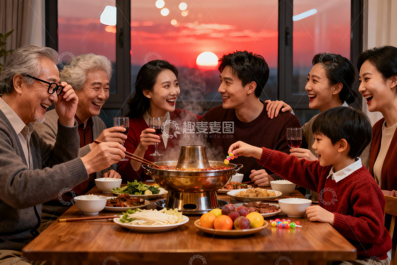高清大图下载【趣麦麦图】家庭围炉夜宴其乐融融