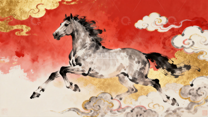 高清大图下载【趣麦麦图】水墨骏马奔腾于祥云之上