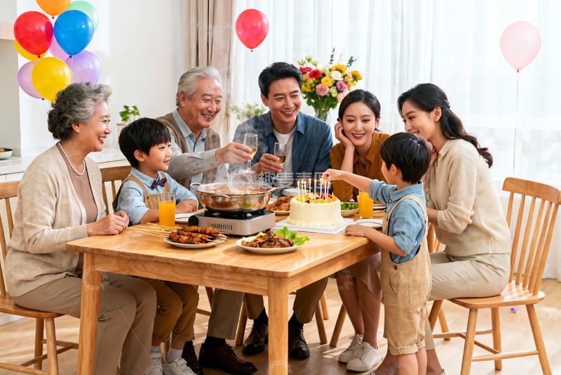 高清大图下载【趣麦麦图】三代同堂家庭聚餐庆生