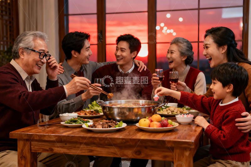 高清大图下载【趣麦麦图】三代同堂围桌聚餐其乐融融