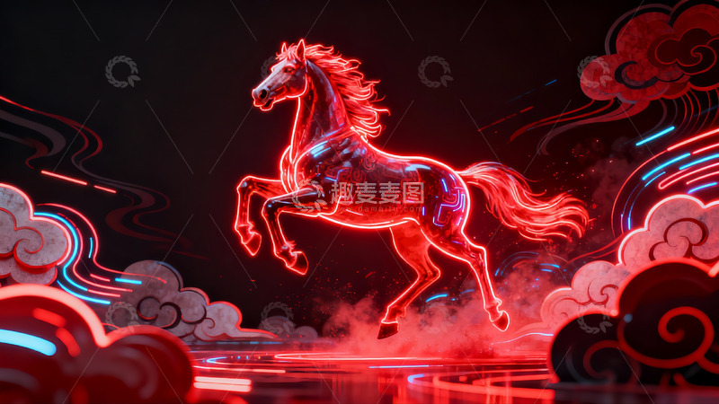 高清大图下载【趣麦麦图】霓虹光影中的奔腾骏马