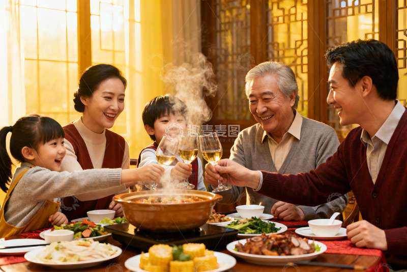 高清大图下载【趣麦麦图】三代同堂家庭聚餐举杯欢庆