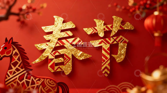春节装饰画面金色大字显眼