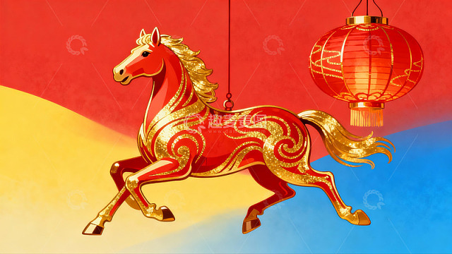 红色骏马与灯笼的节日图案