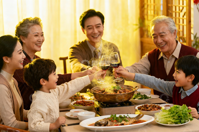 高清大图下载【趣麦麦图】三代同堂家庭聚餐举杯欢庆