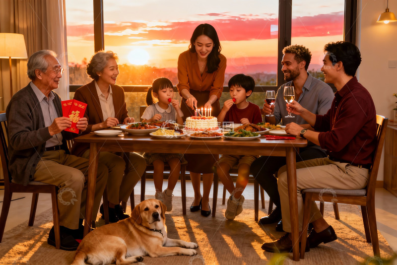 高清大图下载【趣麦麦图】三代同堂家庭聚餐庆祝生日