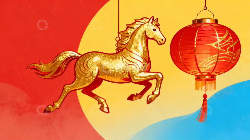 高清大图下载【趣麦麦图】金色骏马与红灯笼装饰画