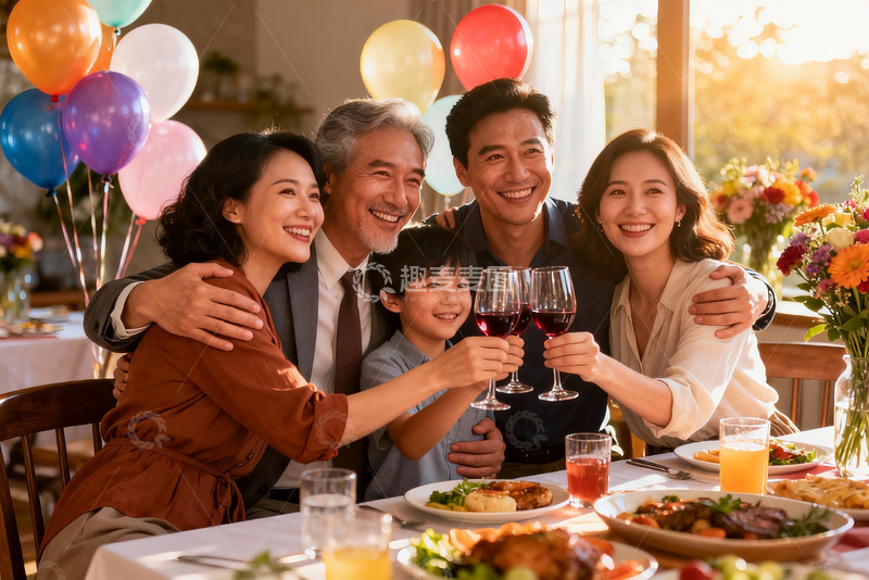 高清大图下载【趣麦麦图】温馨家庭聚餐举杯欢庆