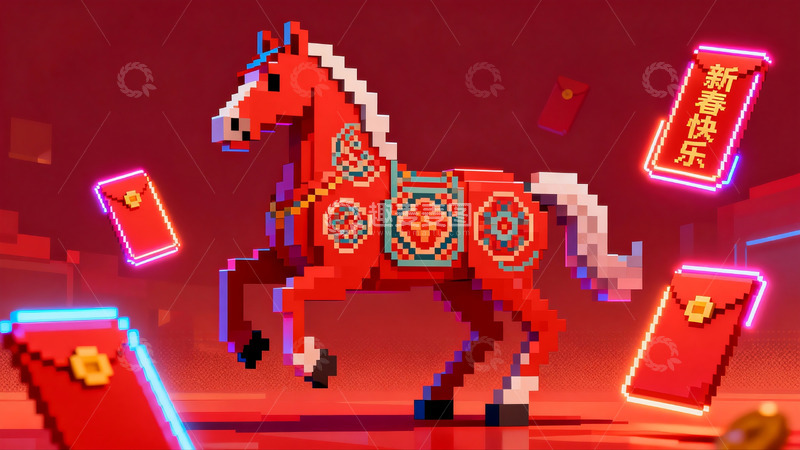 高清大图下载【趣麦麦图】像素风格红色骏马新年贺图