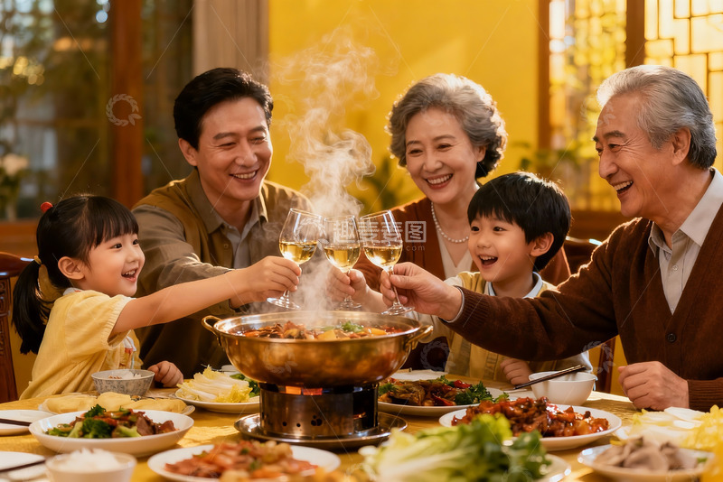 高清大图下载【趣麦麦图】三代同堂家庭聚餐举杯欢庆