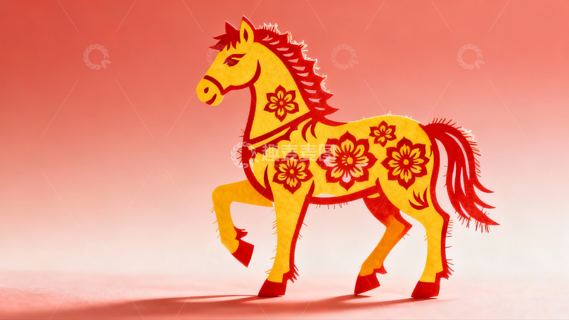 高清大图下载【趣麦麦图】红色背景上的黄色剪纸马
