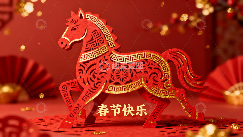 高清大图下载【趣麦麦图】红色剪纸马迎新春