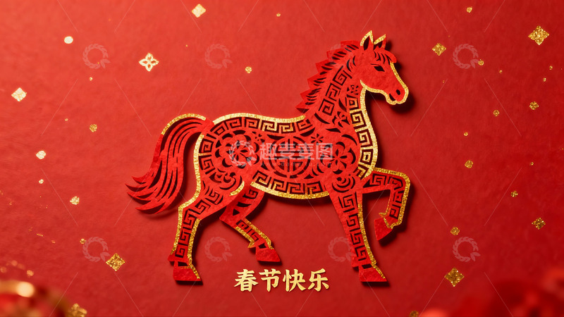 高清大图下载【趣麦麦图】红色剪纸马迎新春图案