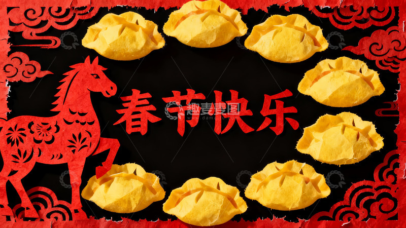 高清大图下载【趣麦麦图】春节饺子剪纸贺图