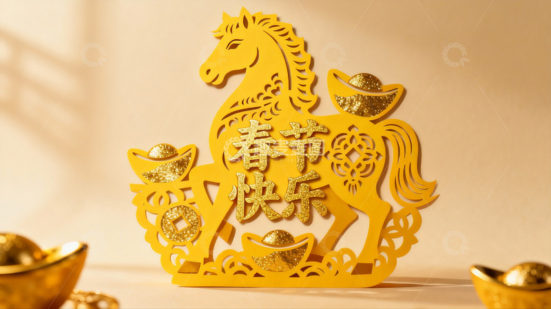 高清大图下载【趣麦麦图】金色剪纸马贺新春