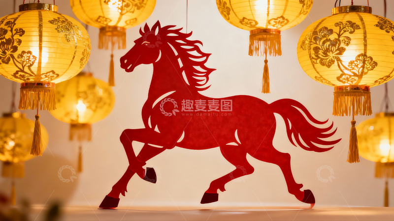 高清大图下载【趣麦麦图】红色骏马剪纸与灯笼装饰