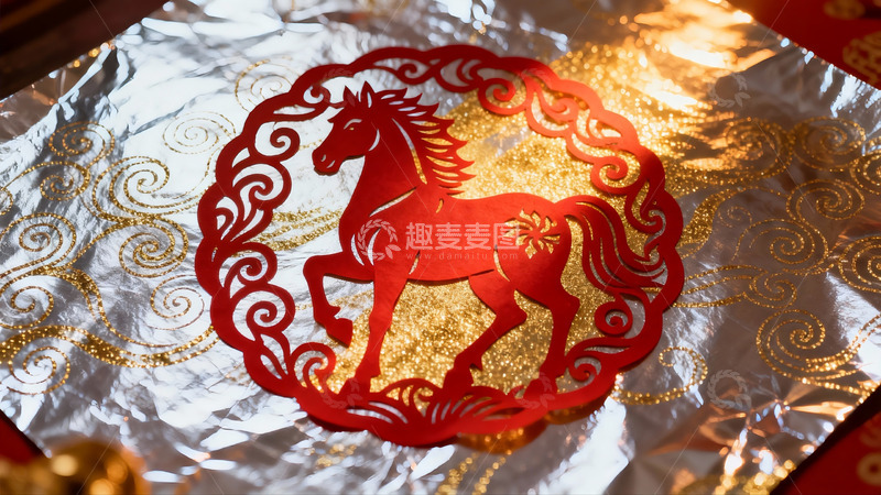 高清大图下载【趣麦麦图】红色剪纸马图案特写