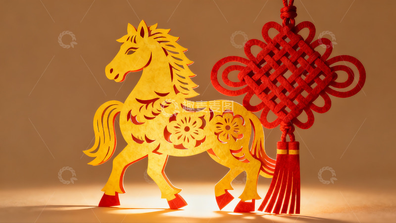 高清大图下载【趣麦麦图】金色剪纸马与红色中国结