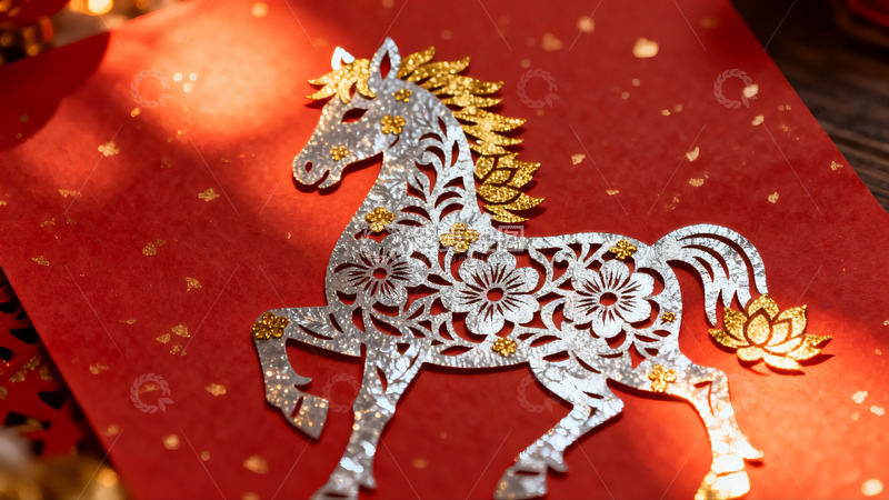 高清大图下载【趣麦麦图】红色背景上的银色马剪纸艺术