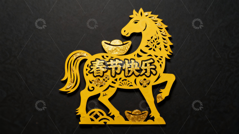 高清大图下载【趣麦麦图】金色剪纸马贺新春