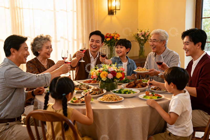 高清大图下载【趣麦麦图】三代同堂家庭聚餐温馨场景