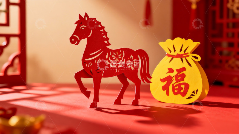 高清大图下载【趣麦麦图】红色剪纸马与福袋新年装饰