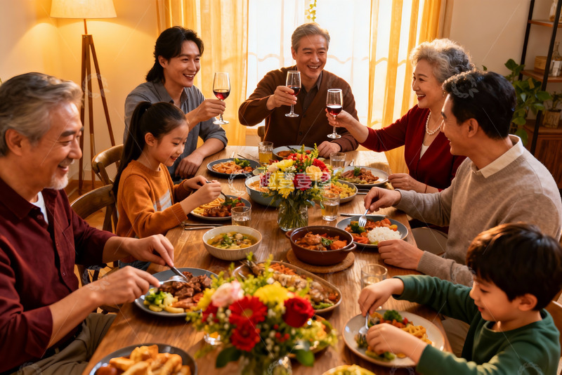 高清大图下载【趣麦麦图】三代同堂家庭聚餐温馨场景