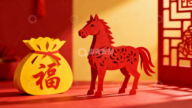 高清大图下载【趣麦麦图】红色剪纸马与福袋新年装饰