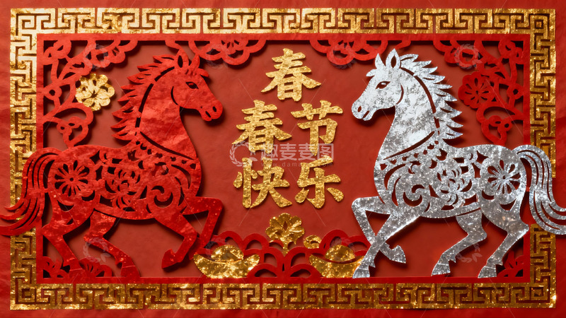高清大图下载【趣麦麦图】春节剪纸艺术展示红色与银色骏马