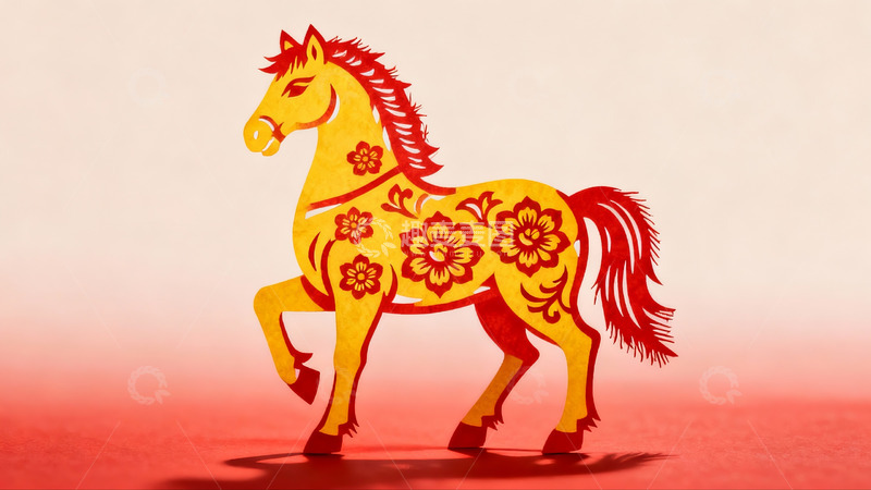 高清大图下载【趣麦麦图】红色背景上的黄色剪纸马