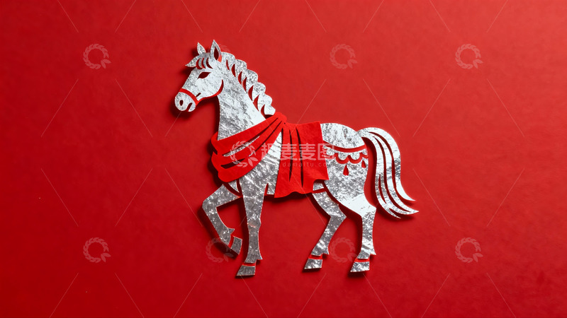 高清大图下载【趣麦麦图】红色背景上的银色剪纸马