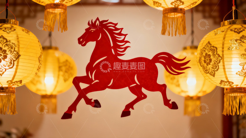 高清大图下载【趣麦麦图】春节灯笼与剪纸马装饰
