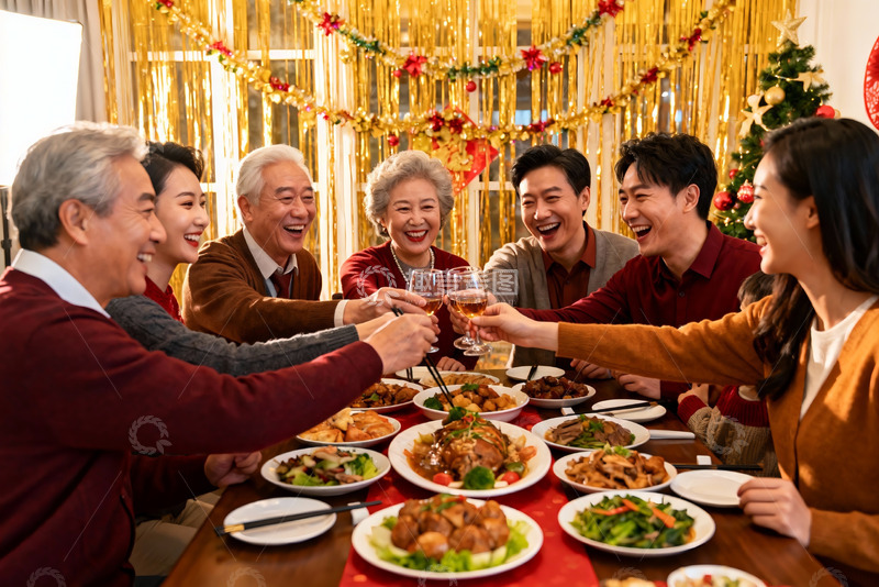 高清大图下载【趣麦麦图】家庭聚餐欢庆节日举杯同乐