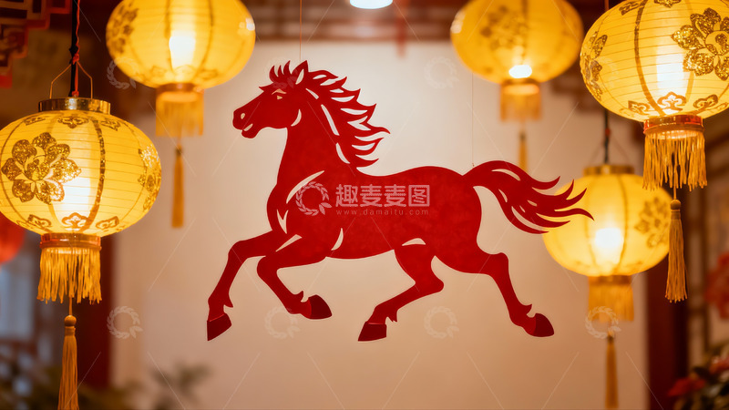 高清大图下载【趣麦麦图】春节灯笼与剪纸马装饰