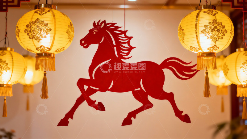 高清大图下载【趣麦麦图】春节灯笼与马形剪纸装饰