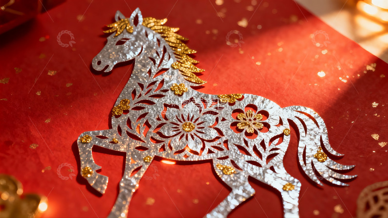 高清大图下载【趣麦麦图】红色背景上的银色马形剪纸