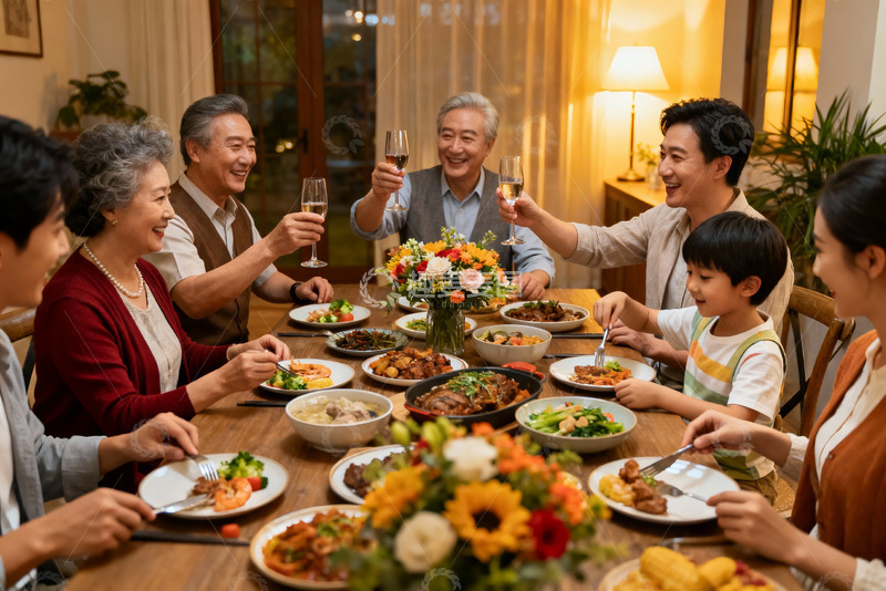 高清大图下载【趣麦麦图】三代同堂家庭聚餐举杯欢庆