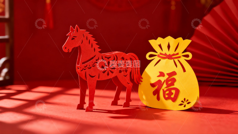 高清大图下载【趣麦麦图】红色剪纸马与福袋新年装饰