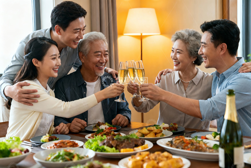 高清大图下载【趣麦麦图】三代同堂家庭聚餐举杯欢庆