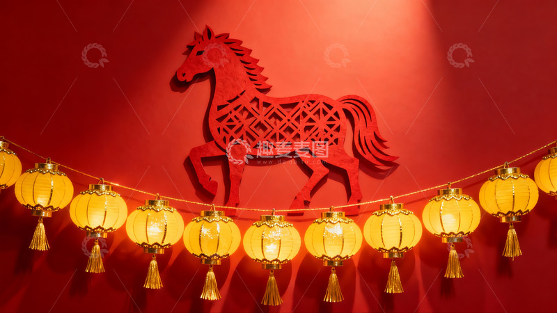 高清大图下载【趣麦麦图】红色背景上的马形剪纸与灯笼装饰