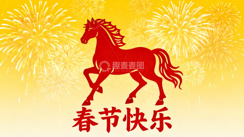 高清大图下载【趣麦麦图】春节烟花骏马贺岁图